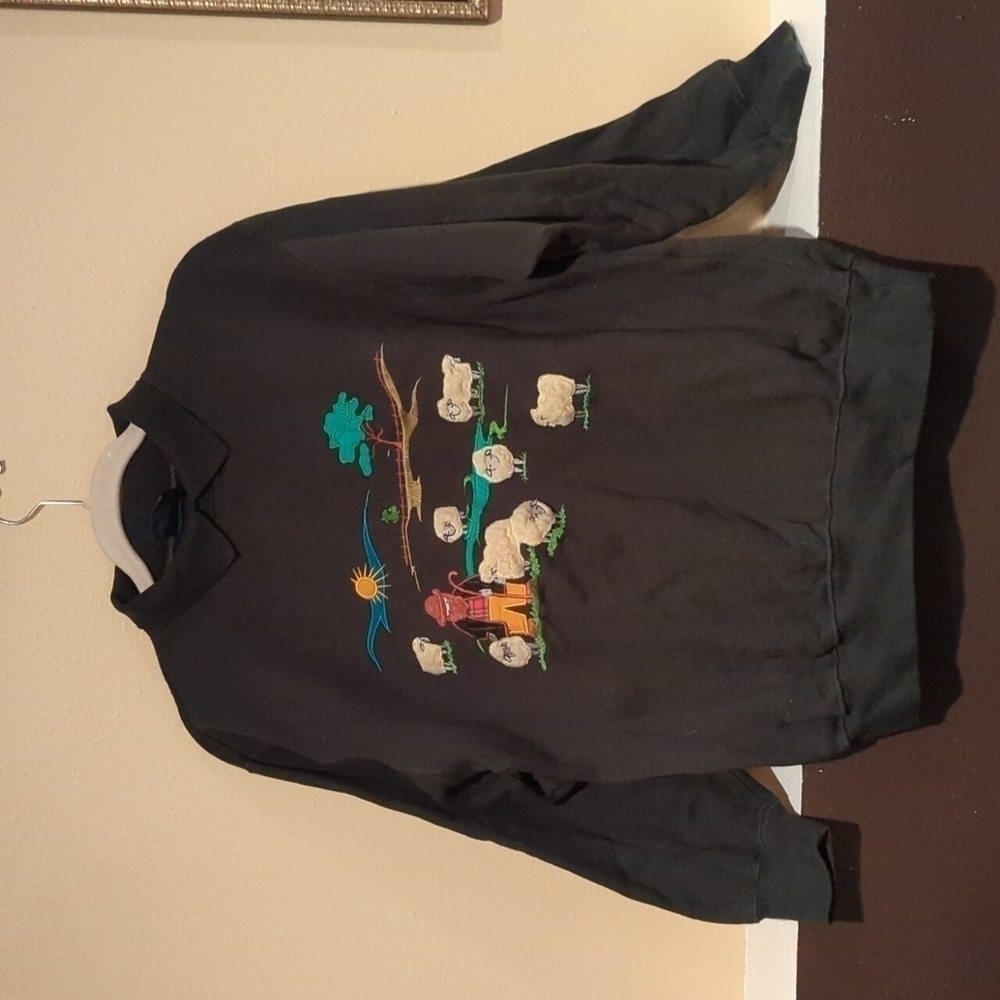 Tulchan Vintage Pullover Collar Sweatshirt Green Embroidered Shephard Sheep y2k